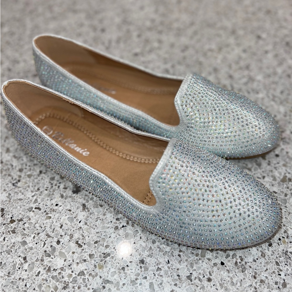 Bellanie Women's Sparkly Rhinestone Silver Slip On Dressy Flats Size 8.5 New